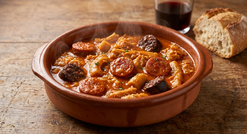 Cazuela de barro con callos a la madrileña tradicionales en La Guisandera de Piñera
