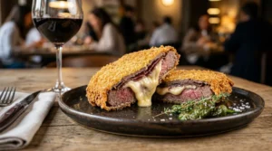 Primer plano del mejor cachopo de Madrid elaborado con solomillo, cecina y queso fundido en La Guisandera de Piñera.
