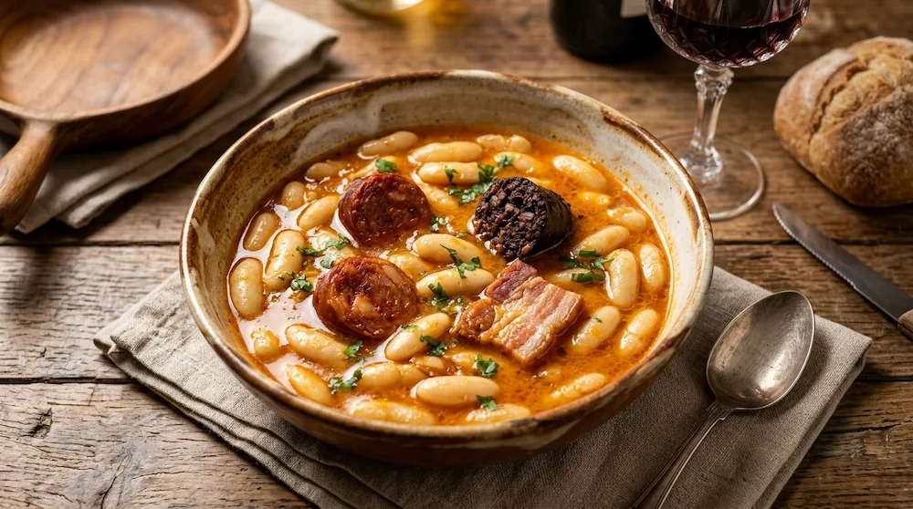 Presentación en plato hondo de la tradicional fabada asturiana con su compango desgrasado y caldo trabado.