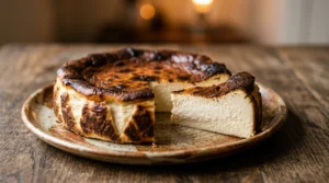 Tarta de queso del norte con superficie tostada y centro cremoso, postre de La Guisandera de Piñera en Madrid