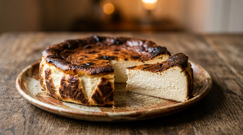 Tarta de queso del norte con superficie tostada y centro cremoso, postre de La Guisandera de Piñera en Madrid