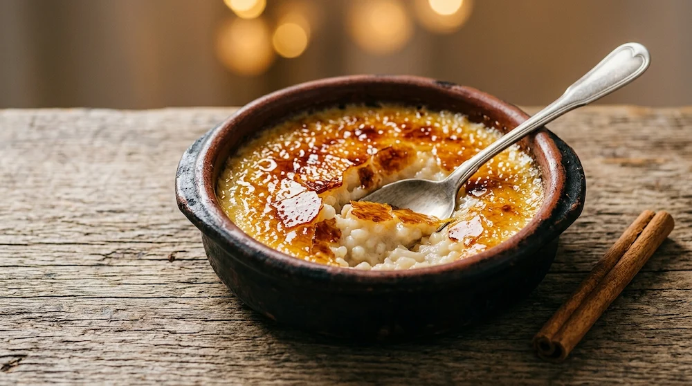 Arroz con leche asturiano con costra de caramelo quemada, receta tradicional de La Guisandera de Piñera