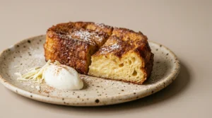 Torrija artesana cortada con crema de yogur y chocolate blanco sobre plato de cerámica rústica