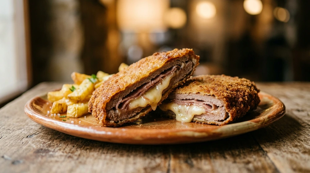 Cachopo asturiano cortado, con relleno de jamón y queso fundido y empanado dorado