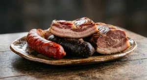 Compango asturiano con chorizo, morcilla, tocino y lacón sobre plato de cerámica rústica