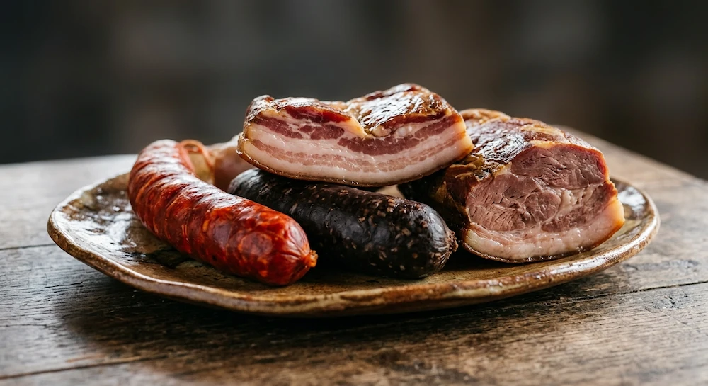 Compango asturiano con chorizo, morcilla, tocino y lacón sobre plato de cerámica rústica